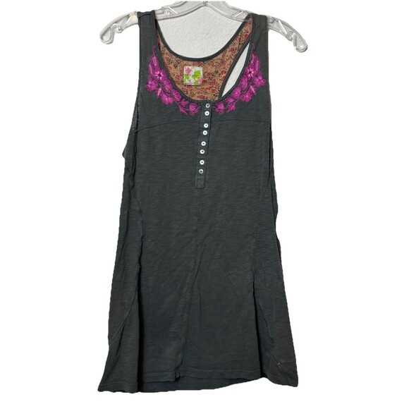 Free People Embroidered Floral Tank Top Tunic 100% Cotton Gray Women’s M Flaws - Picture 1 of 6